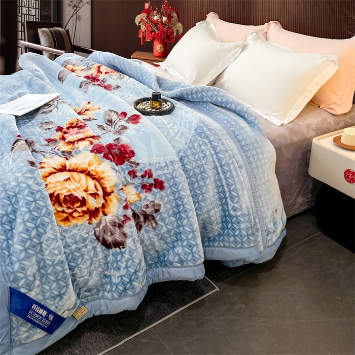 91家纺网 家纺一手货源 找家纺 凯轩毛毛毯毯子网销专供 2024新款花开盛世5D婚庆云毛毯毯子 花开盛世-浅蓝