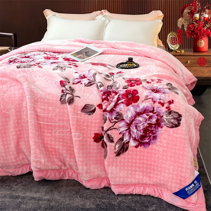 91家纺网 家纺一手货源 找家纺 凯轩毛毛毯毯子网销专供 2024新款花开盛世5D婚庆云毛毯毯子 花开盛世-粉色