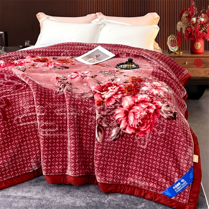 91家纺网 家纺一手货源 找家纺 凯轩毛毛毯毯子网销专供 2024新款花开盛世5D婚庆云毛毯毯子 花开盛世-酒红