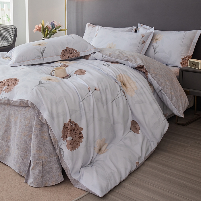 91家纺网 家纺一手货源 找家纺 新月家纺（锦威郎） 2024新款全棉加厚长绒棉数码印花四件套系列 丁香玉兰-灰