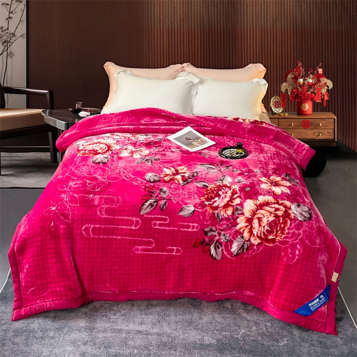 91家纺网 家纺一手货源 找家纺 凯轩毛毛毯毯子网销专供 2024新款花开盛世5D婚庆云毛毯毯子 花开盛世-玫红