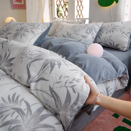 菡宝 2024新款雕花绒230g全消光牛奶绒四件套及单品 - 四件套 枝叶韵律灰