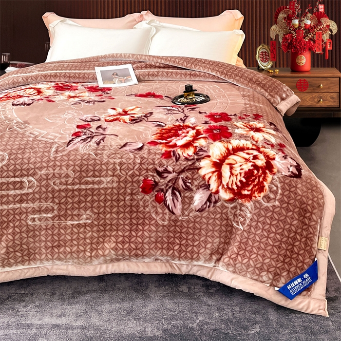 91家纺网 家纺一手货源 找家纺 凯轩毛毛毯毯子网销专供 2024新款花开盛世5D婚庆云毛毯毯子 花开盛世-驼色