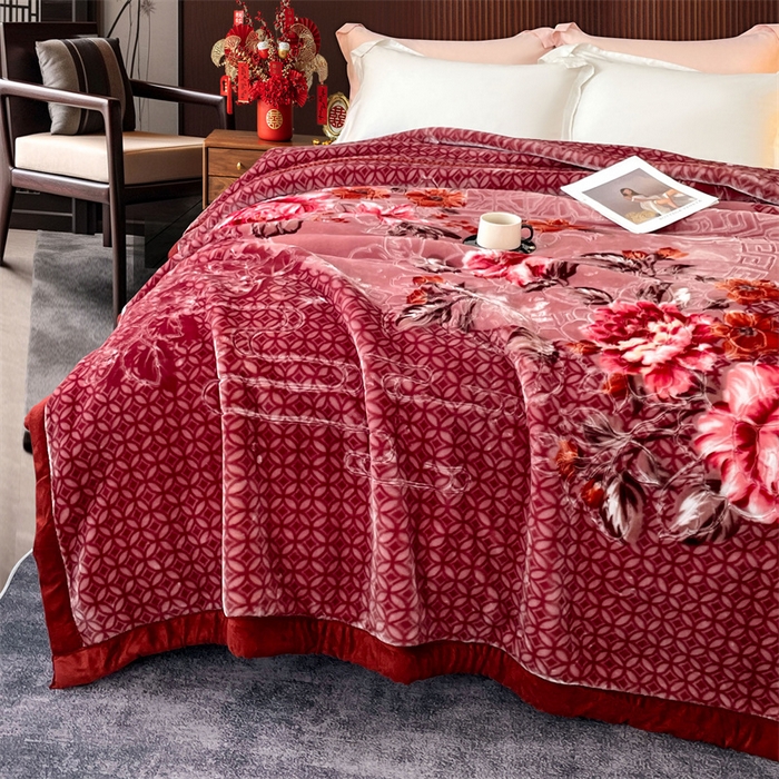 91家纺网 家纺一手货源 找家纺 凯轩毛毛毯毯子网销专供 2024新款花开盛世5D婚庆云毛毯毯子 花开盛世-酒红