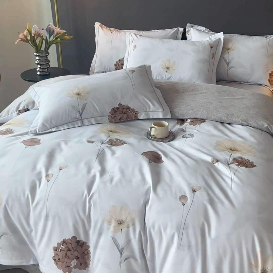 91家纺网 家纺一手货源 找家纺 新月家纺（锦威郎） 2024新款全棉加厚长绒棉数码印花四件套系列 清风随心-桔