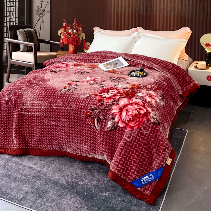 91家纺网 家纺一手货源 找家纺 凯轩毛毛毯毯子网销专供 2024新款花开盛世5D婚庆云毛毯毯子 花开盛世-酒红