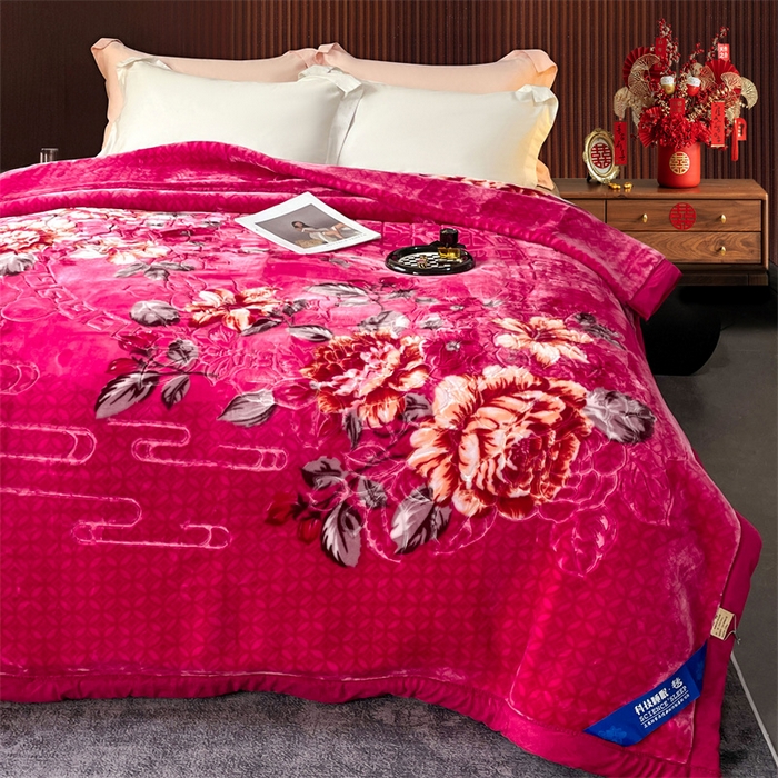 91家纺网 家纺一手货源 找家纺 凯轩毛毛毯毯子网销专供 2024新款花开盛世5D婚庆云毛毯毯子 花开盛世-玫红