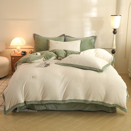 2025新款A类加厚牛奶绒大包边系列-四件套 米白+浅绿