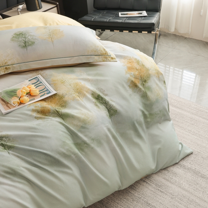 91家纺网 家纺一手货源 找家纺 新月家纺（锦威郎） 2024新款全棉加厚长绒棉数码印花四件套系列 榕树森林-绿