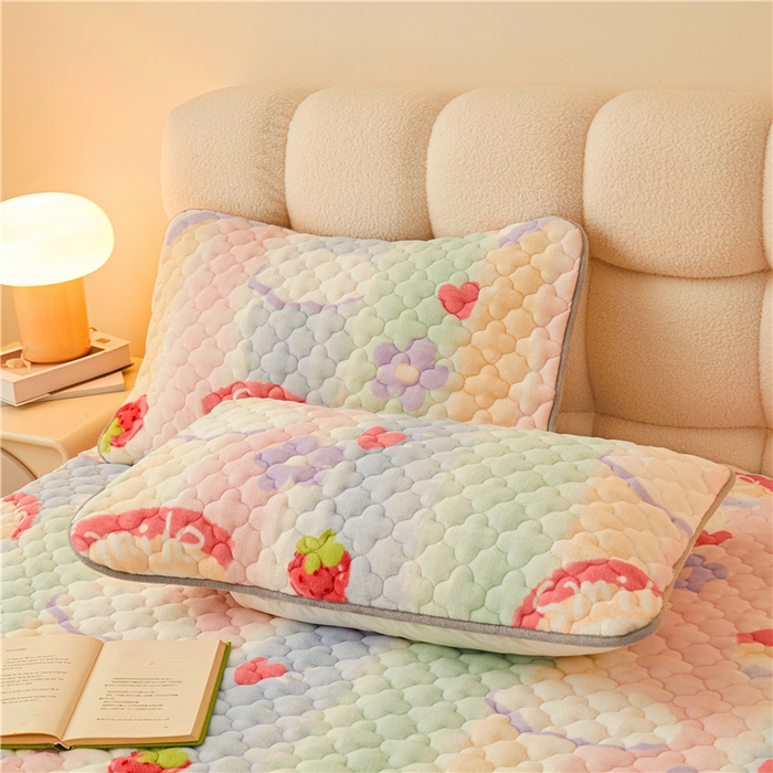 91家纺网 家纺一手货源 找家纺 喜居 2024新款加厚印花牛奶绒夹棉床笠床护垫单床笠 彩虹草莓