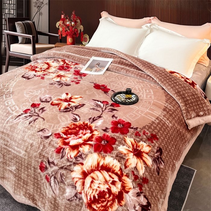 91家纺网 家纺一手货源 找家纺 凯轩毛毛毯毯子网销专供 2024新款花开盛世5D婚庆云毛毯毯子 花开盛世-驼色