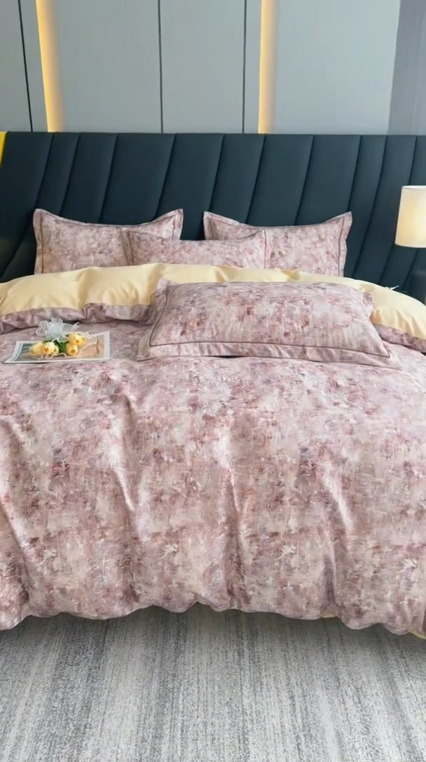 91家纺网 家纺一手货源 找家纺 新月家纺（锦威郎） 2024新款全棉加厚长绒棉数码印花四件套系列 淡雅清风-粉