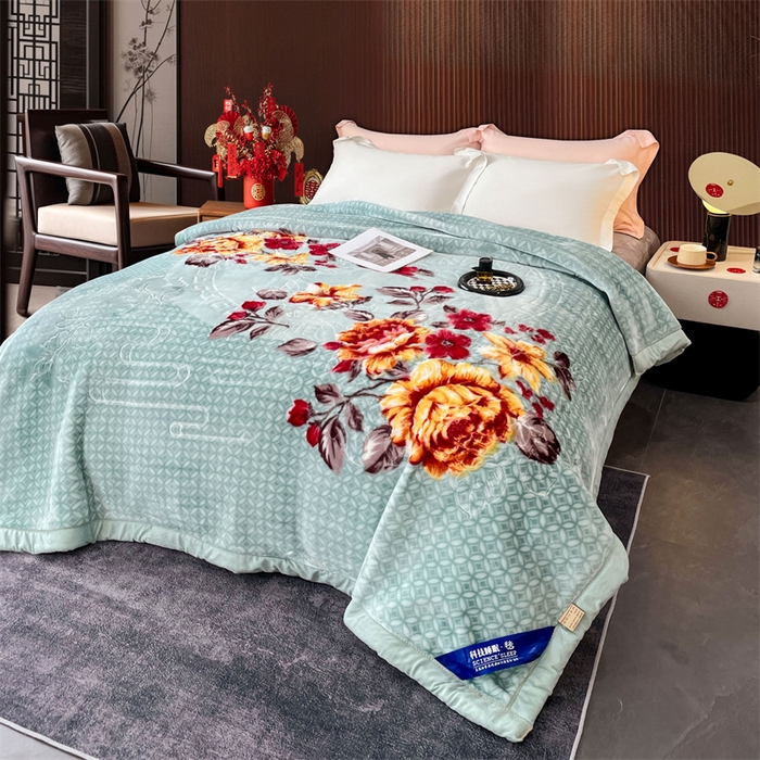 91家纺网 家纺一手货源 找家纺 凯轩毛毛毯毯子网销专供 2024新款花开盛世5D婚庆云毛毯毯子 花开盛世-浅绿