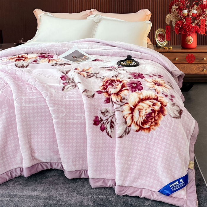 91家纺网 家纺一手货源 找家纺 凯轩毛毛毯毯子网销专供 2024新款花开盛世5D婚庆云毛毯毯子 花开盛世-浅紫