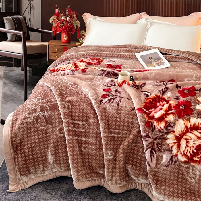 91家纺网 家纺一手货源 找家纺 凯轩毛毛毯毯子网销专供 2024新款花开盛世5D婚庆云毛毯毯子 花开盛世-驼色