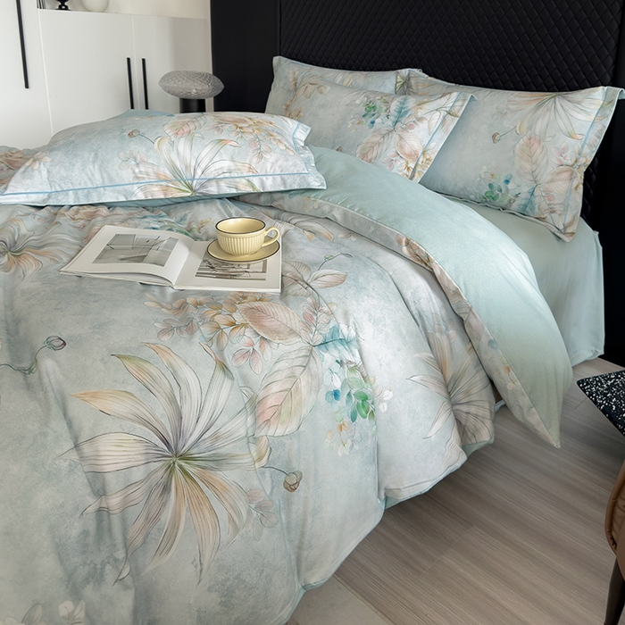 91家纺网 家纺一手货源 找家纺 新月家纺（锦威郎） 2024新款全棉加厚长绒棉数码印花四件套系列 茉彩花韵-绿