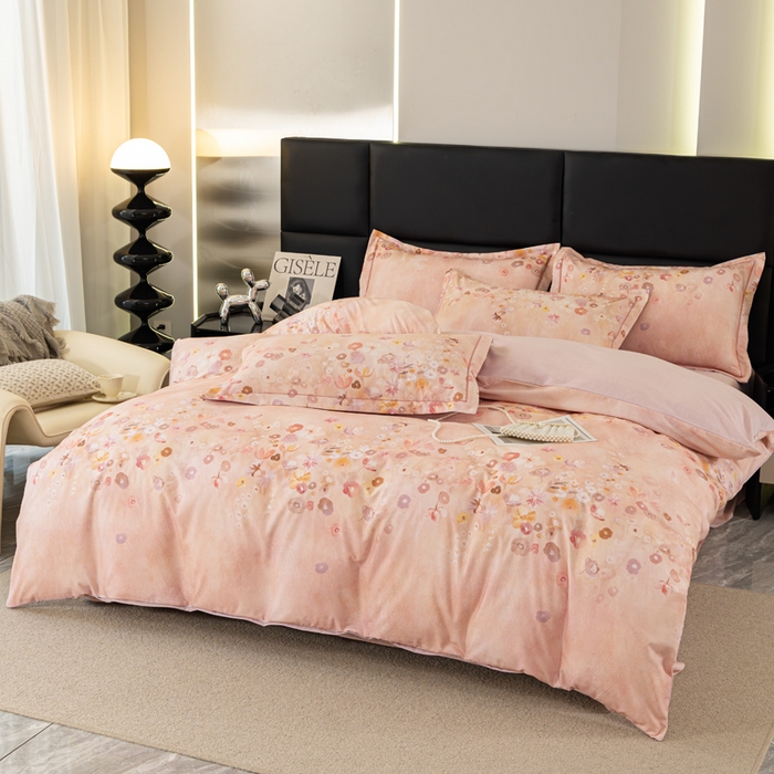 91家纺网 家纺一手货源 找家纺 新月家纺（锦威郎） 2024新款全棉加厚长绒棉数码印花四件套系列 花语寄情-粉