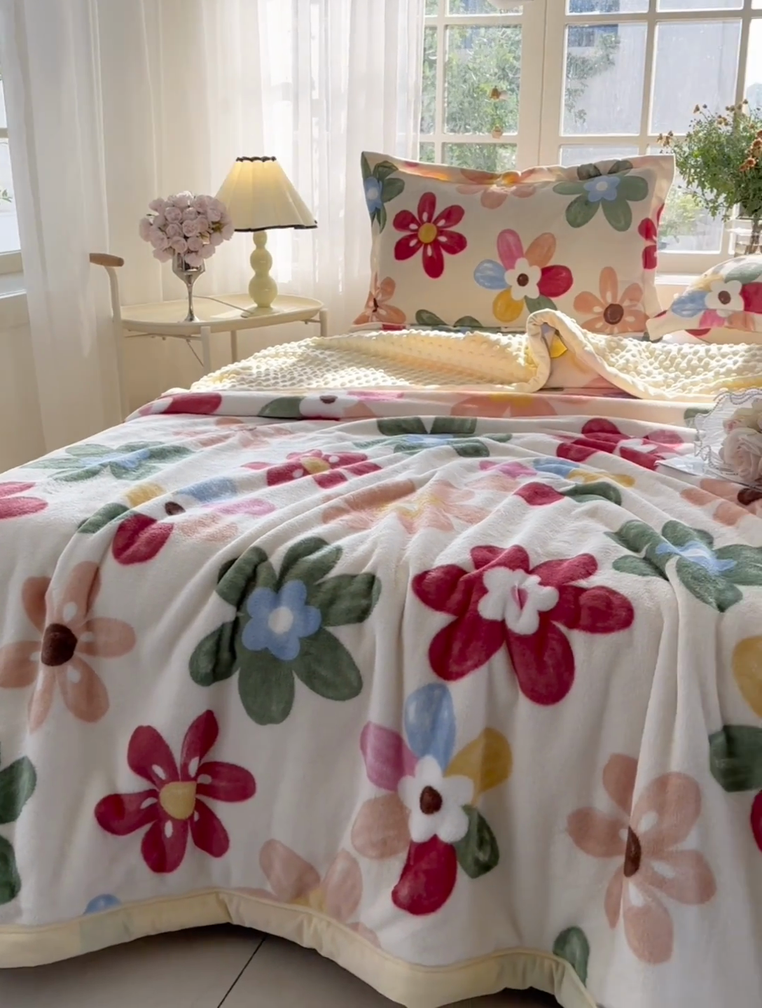 91家纺网 家纺一手货源 找家纺 圣楚家纺 2024新款豆豆绒三层毛毯毯子 花花世界