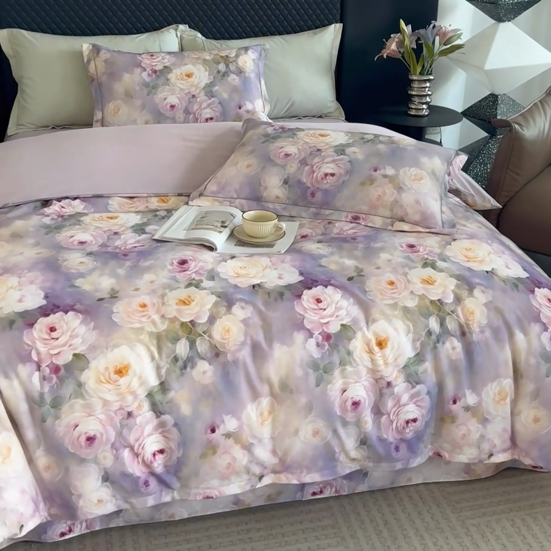 91家纺网 家纺一手货源 找家纺 新月家纺（锦威郎） 2024新款全棉加厚长绒棉数码印花四件套系列 寻觅芳香-紫