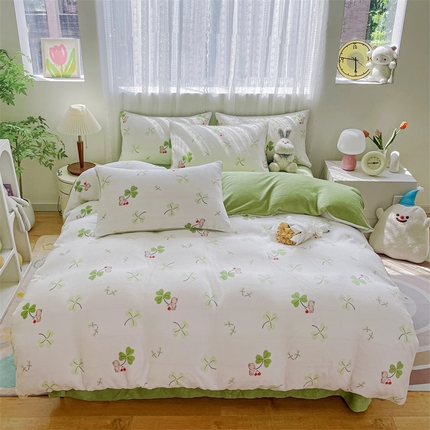 奥虎家纺2024新款加厚牛奶绒印花四件套三叶草