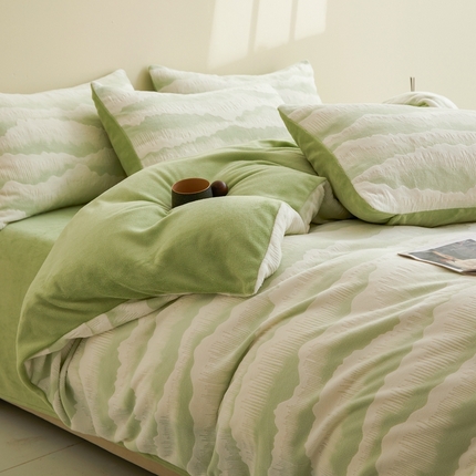 菡宝 2024新款雕花绒230g全消光牛奶绒四件套-行云流水 行云流水-豆绿