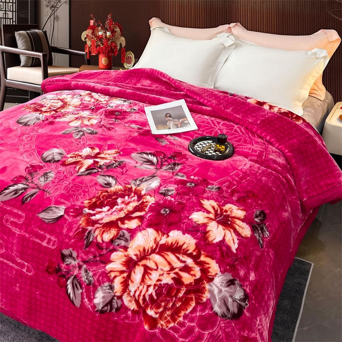 91家纺网 家纺一手货源 找家纺 凯轩毛毛毯毯子网销专供 2024新款花开盛世5D婚庆云毛毯毯子 花开盛世-玫红