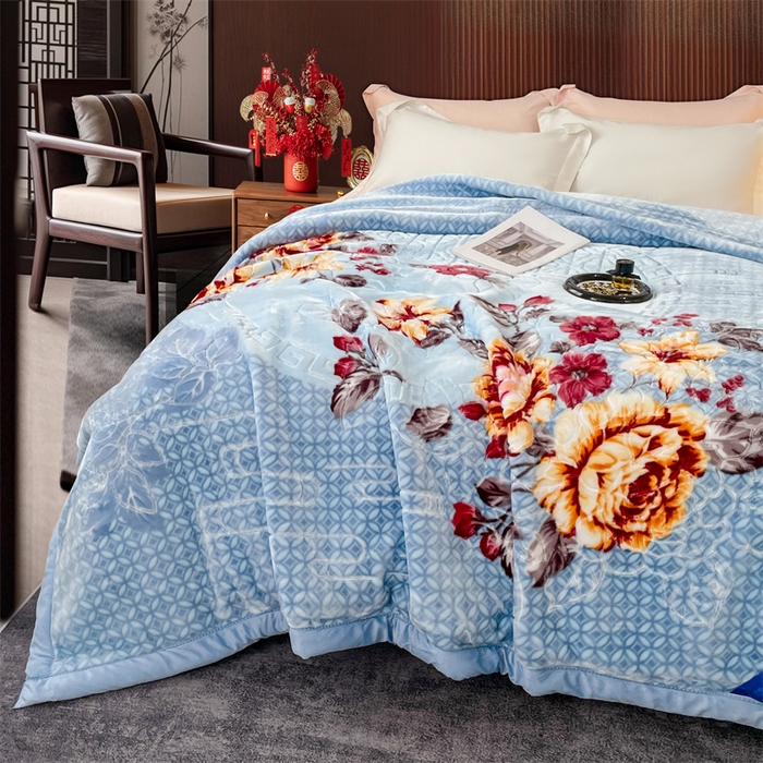 91家纺网 家纺一手货源 找家纺 凯轩毛毛毯毯子网销专供 2024新款花开盛世5D婚庆云毛毯毯子 花开盛世-浅蓝