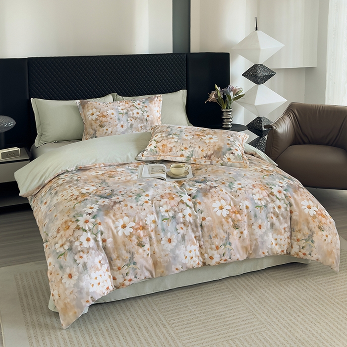 91家纺网 家纺一手货源 找家纺 新月家纺（锦威郎） 2024新款全棉加厚长绒棉数码印花四件套系列 恋薇时节-粉