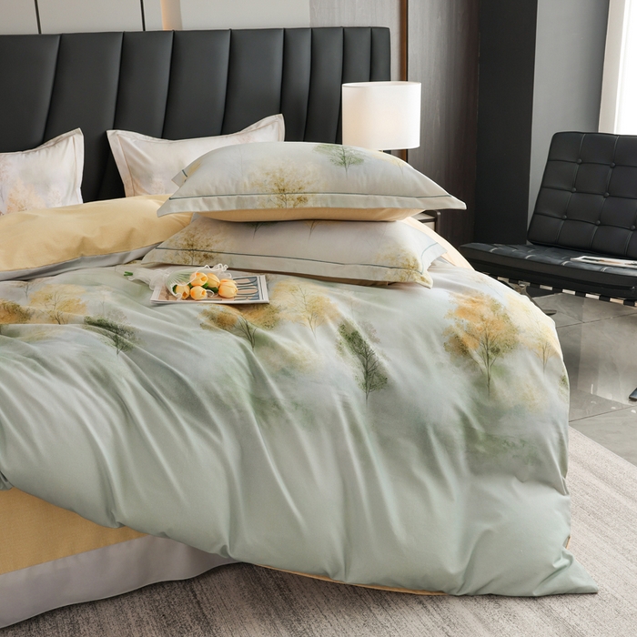 91家纺网 家纺一手货源 找家纺 新月家纺（锦威郎） 2024新款全棉加厚长绒棉数码印花四件套系列 榕树森林-绿