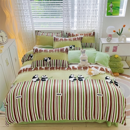 奥虎家纺2024新款加厚牛奶绒印花四件套熊猫乐园