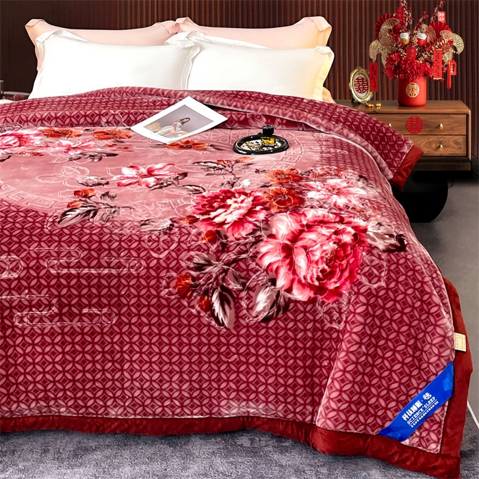 91家纺网 家纺一手货源 找家纺 凯轩毛毛毯毯子网销专供 2024新款花开盛世5D婚庆云毛毯毯子 花开盛世-酒红