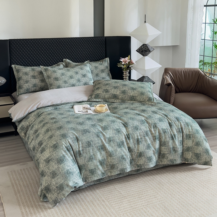 91家纺网 家纺一手货源 找家纺 新月家纺（锦威郎） 2024新款全棉加厚长绒棉数码印花四件套系列 菲尔顿-绿