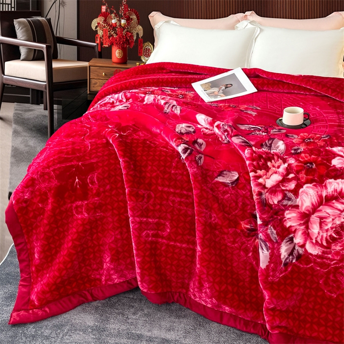 91家纺网 家纺一手货源 找家纺 凯轩毛毛毯毯子网销专供 2024新款花开盛世5D婚庆云毛毯毯子 花开盛世-大红