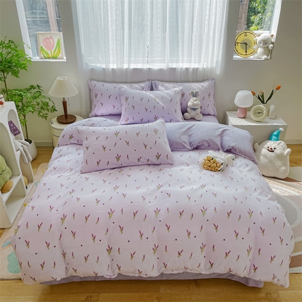 奥虎家纺2024新款加厚牛奶绒印花四件套紫色薰衣草