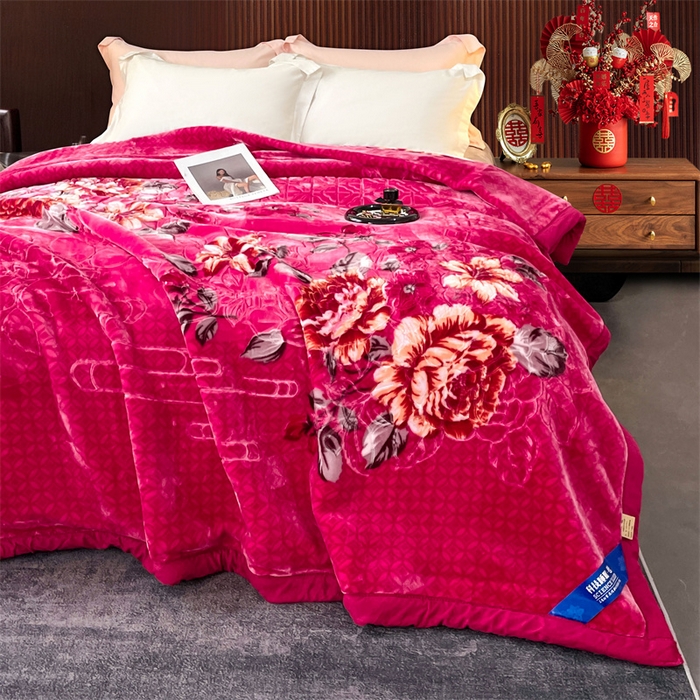 91家纺网 家纺一手货源 找家纺 凯轩毛毛毯毯子网销专供 2024新款花开盛世5D婚庆云毛毯毯子 花开盛世-玫红