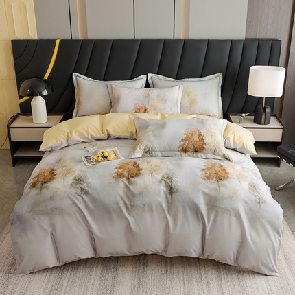 新月家纺（锦威郎） 2024新款全棉加厚长绒棉数码印花四件套系列 榕树森林-灰