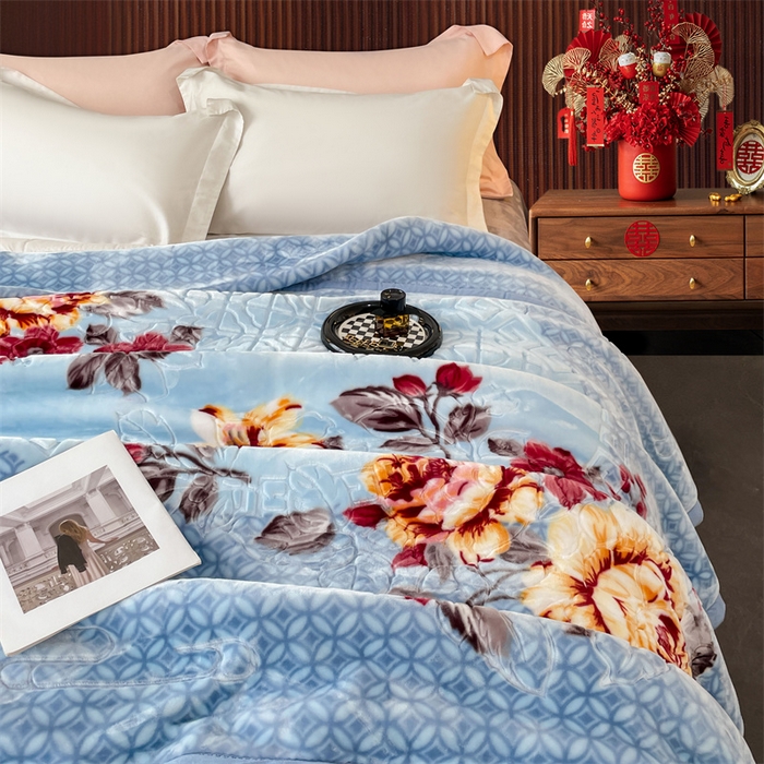 91家纺网 家纺一手货源 找家纺 凯轩毛毛毯毯子网销专供 2024新款花开盛世5D婚庆云毛毯毯子 花开盛世-浅蓝