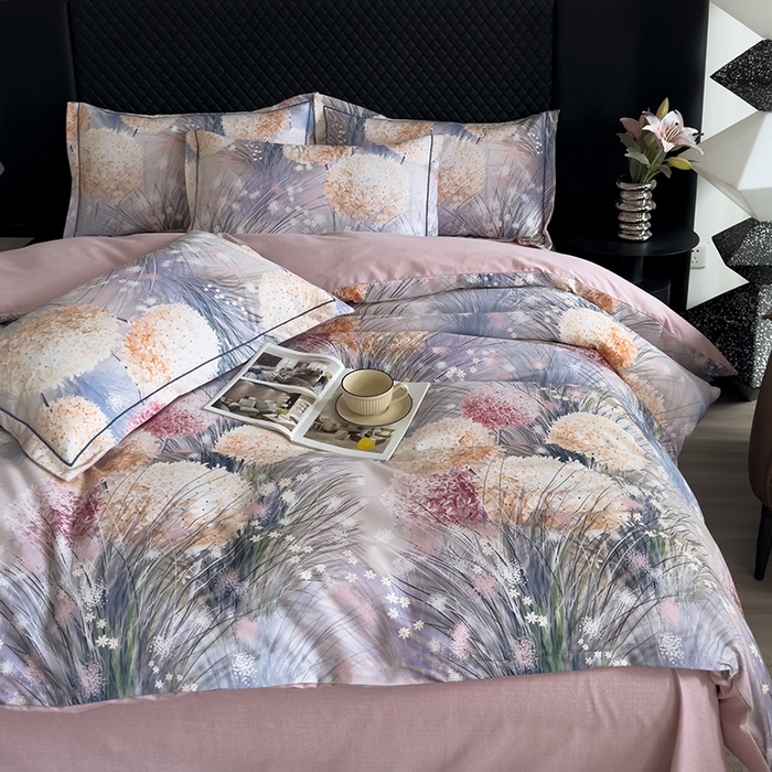 91家纺网 家纺一手货源 找家纺 新月家纺（锦威郎） 2024新款全棉加厚长绒棉数码印花四件套系列 绣球朵朵-蓝