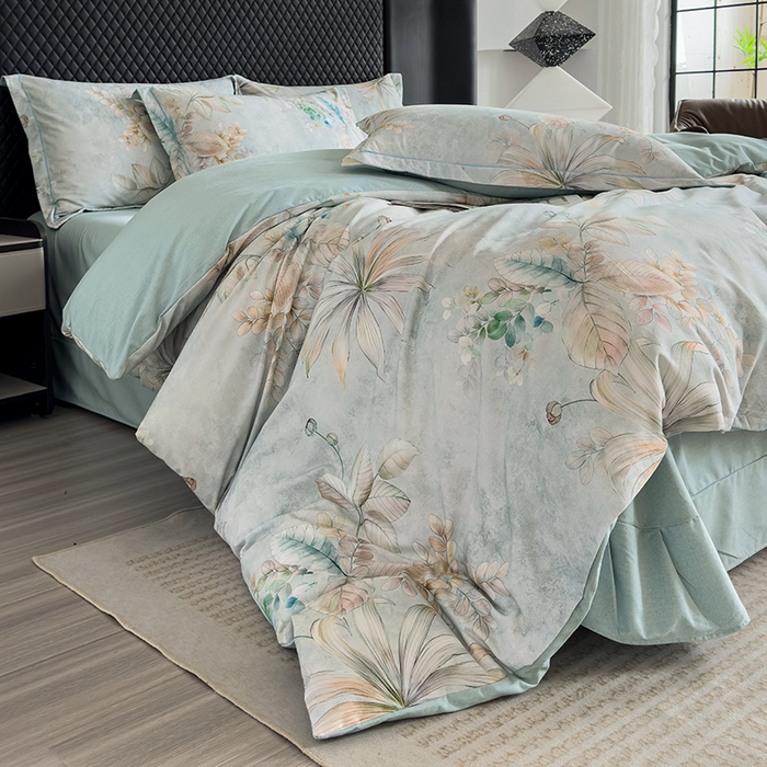 91家纺网 家纺一手货源 找家纺 新月家纺（锦威郎） 2024新款全棉加厚长绒棉数码印花四件套系列 茉彩花韵-绿