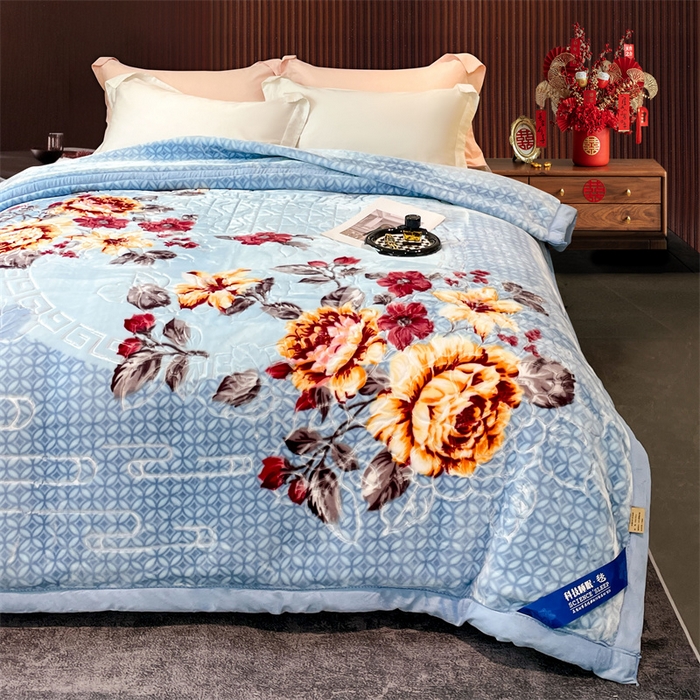 91家纺网 家纺一手货源 找家纺 凯轩毛毛毯毯子网销专供 2024新款花开盛世5D婚庆云毛毯毯子 花开盛世-浅蓝