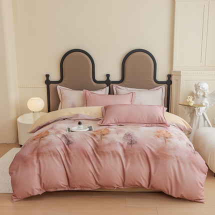 新月家纺（锦威郎） 2024新款全棉加厚长绒棉数码印花四件套系列 榕树森林-粉