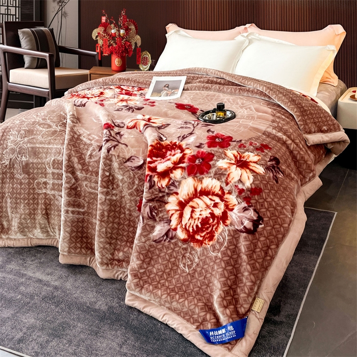 91家纺网 家纺一手货源 找家纺 凯轩毛毛毯毯子网销专供 2024新款花开盛世5D婚庆云毛毯毯子 花开盛世-驼色