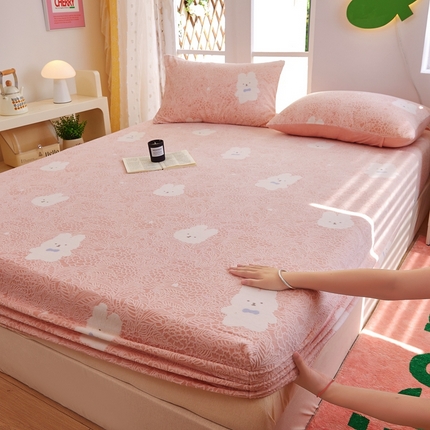 菡宝 2024新款雕花绒230g全消光牛奶绒四件套及单品 - 单床笠 邦尼兔粉