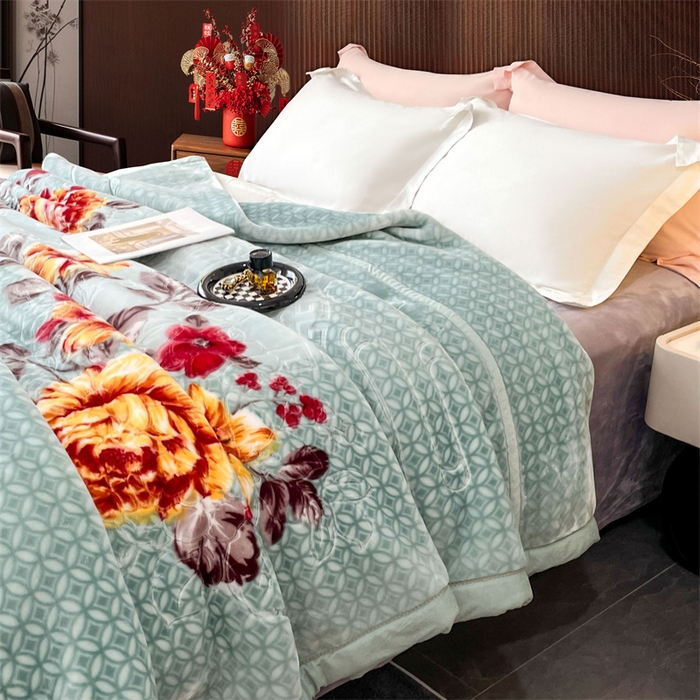 91家纺网 家纺一手货源 找家纺 凯轩毛毛毯毯子网销专供 2024新款花开盛世5D婚庆云毛毯毯子 花开盛世-浅绿