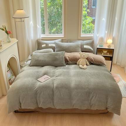 慕澄家纺 2024新款纯色双拼牛奶绒四件套 灰+浅棕