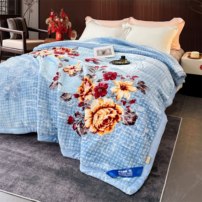 91家纺网 家纺一手货源 找家纺 凯轩毛毛毯毯子网销专供 2024新款花开盛世5D婚庆云毛毯毯子 花开盛世-浅蓝