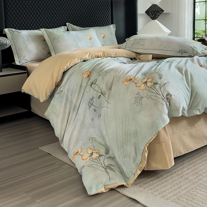 91家纺网 家纺一手货源 找家纺 新月家纺（锦威郎） 2024新款全棉加厚长绒棉数码印花四件套系列 奥莉花园-绿