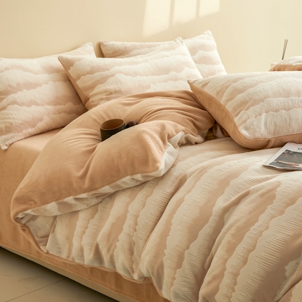 菡宝 2024新款雕花绒230g全消光牛奶绒四件套-行云流水 行云流水-米杏