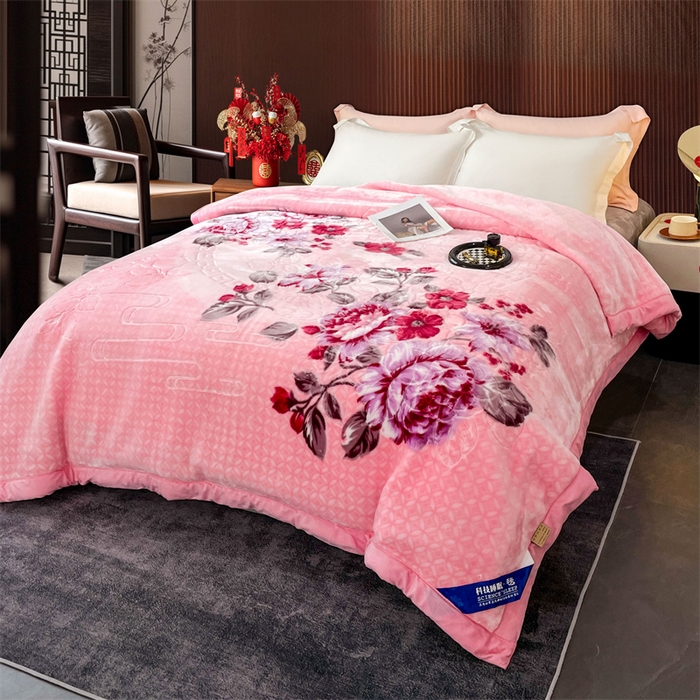 91家纺网 家纺一手货源 找家纺 凯轩毛毛毯毯子网销专供 2024新款花开盛世5D婚庆云毛毯毯子 花开盛世-粉色