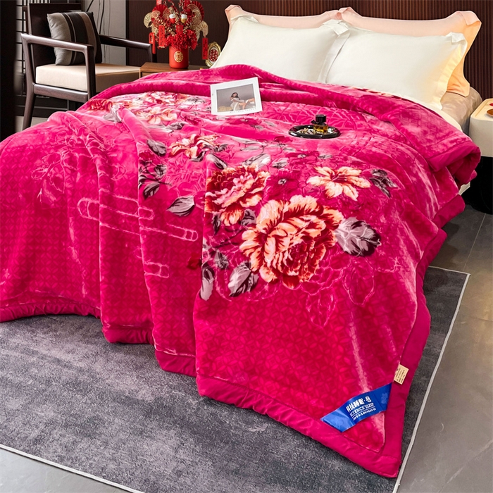 91家纺网 家纺一手货源 找家纺 凯轩毛毛毯毯子网销专供 2024新款花开盛世5D婚庆云毛毯毯子 花开盛世-玫红